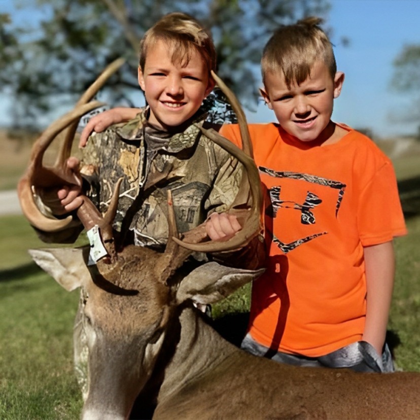 Two images show children interacting with deer
